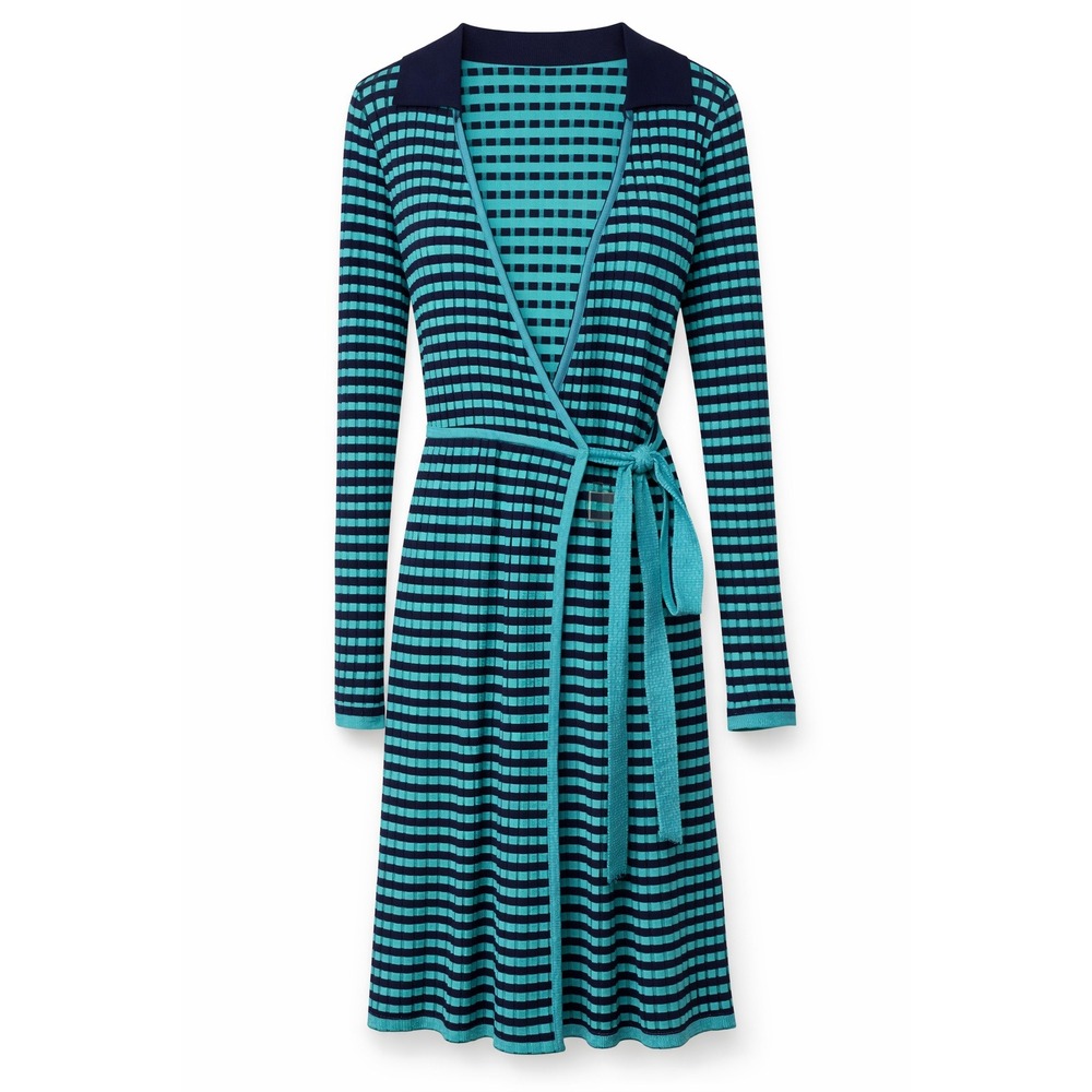 Diane Von Furstenberg Wrap Dress Womens Medium Teal Black Knit Long Sleeve DVF
